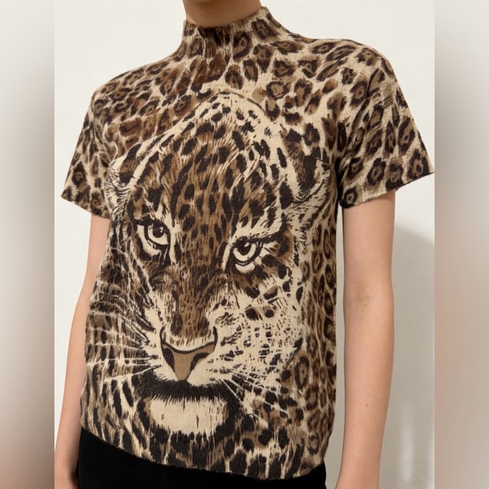 NWT Vintage Leopard Print Wool Mock Neck Lightweight Short Sleeve Sweater
